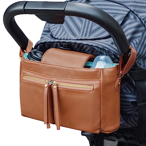 Image of MOMINSIDE Stroller Organizer With Insulated Cup Holders, 10 Pockets Stroller Accessories Leather, Universal Stroller Caddy, Adjustable Straps, Zippered Pocket, Fit All Strollers (Brown)