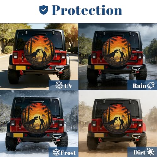 Image of Bigfoot Dinosaur American Flag Spare Tire Cover Wheel Covers Protectors Waterproof Dust-Proof Universal Fit Trailer, RV, SUV and Many Vehicle 15 Inch,C-08
