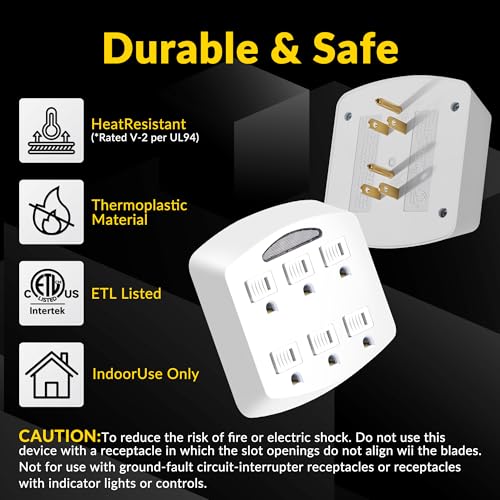 6-Outlet Extender, 3-Prong Ground Wall Tap Adapter with Safety Cap & LED Guide Light, Cruise Essentials, Multiple Plug Electrical Outlets Splitter for Home, Office, Dorm Room, ETL Listed, White by Pagaloce - Image 3