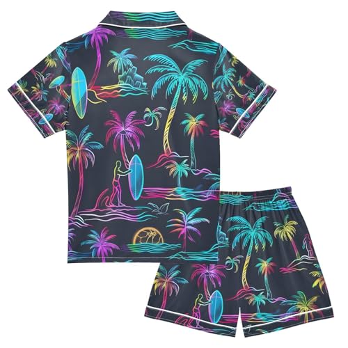 senya Palm Trees Surfboards Satin Summer Pajama Sets Silk Short Sleeve Button Down Sleepwear2