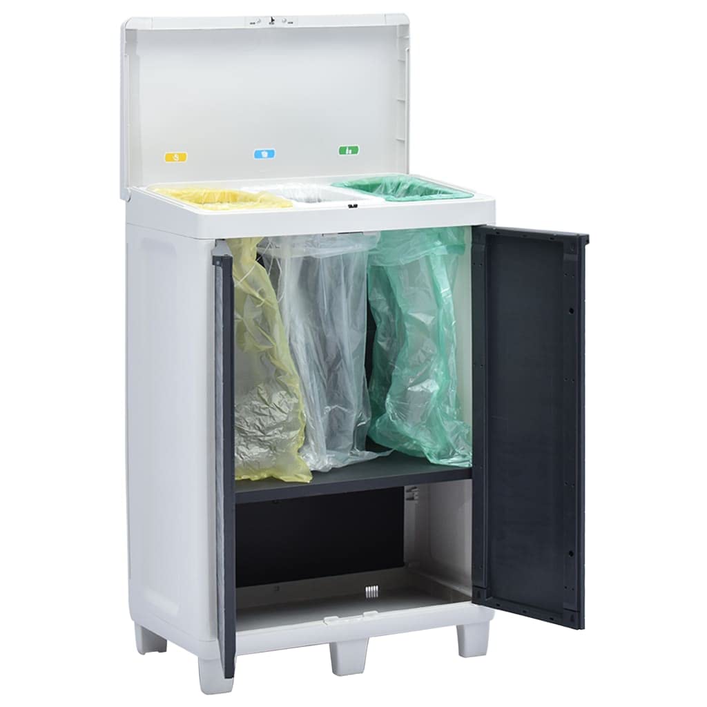 Outdoor Garden Recycling Trash Bin with 3 Bags, 25.6x15x40.2 Inch Weatherproof Waste Separator with Storage Shelf and Lockable Doors, Dark Gray