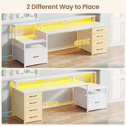 Image of SEDETA White Computer Desk with 5 Drawer & Power Outlet, 66'' Home Office Desk with File Drawer, Storage Shelves, Printer Cabinet and Monitor Shelf, Gaming Desk with Led Lights