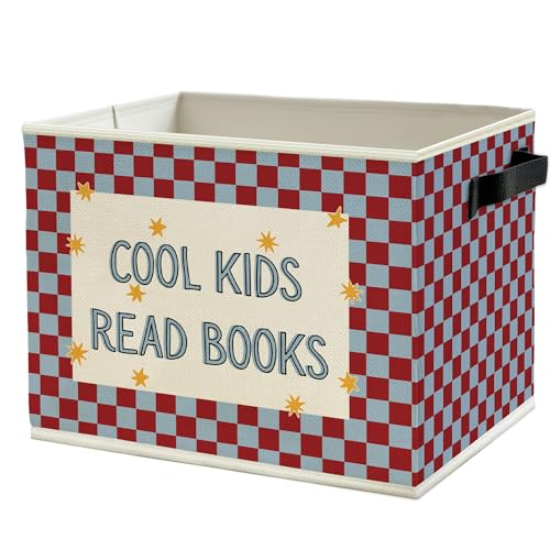 Image of Book Kids Classroom Storage Bins Box with Handles, Cool Kids Read Books Red Blue Checkered Collapsible Basket Organizer for Boys Girls Bedroom Reading Corner Nook Room Books Clothes
