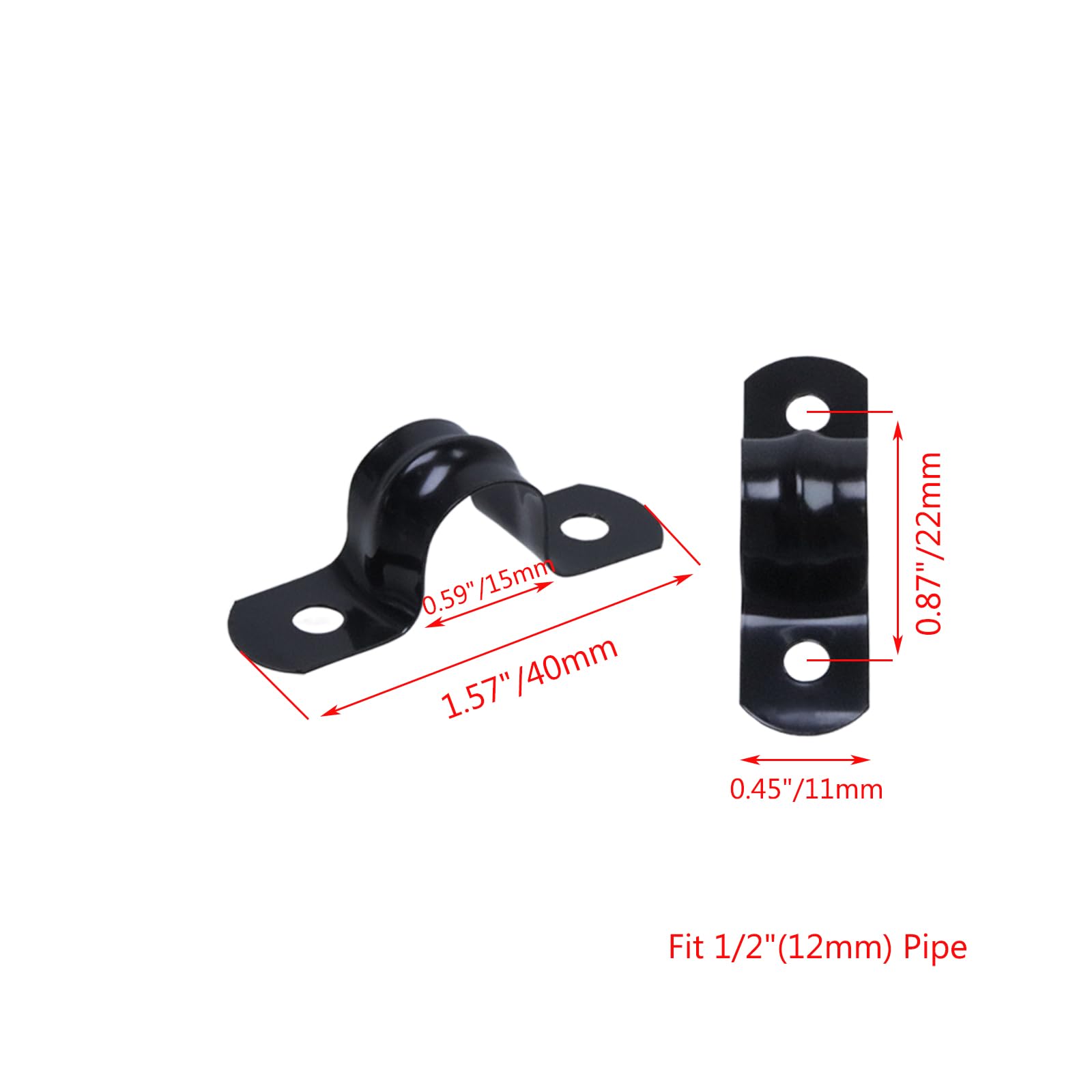 Pastlla 20 Pcs M12 304 Stainless Steel Rigid Pipe Strap Clamps, Black Metal 2 Hole Conduit Tube Strap U Bracket with screws, Heavy Duty Pipe Fasten Clip, for Holder Pipe or Cable, Fit 1/2