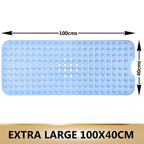 Image of TurtleGrip Anti-Slip Shower Mat, 100x40 cm Accu-Pebble (Blue), Anti-Skid Extra Large Bath Mat with Suction Cups, Machine Washable Bathroom Mats with Drain Holes