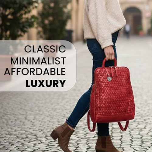 Image of 12.5 Inch Genuine Leather Backpack for Women and Men, Red Leather Backpack with Adjustable Shoulder Strap
