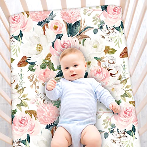 Fitted Crib Sheets For Baby Boys And Girls, Ultra-Soft Jersey Knit Cotton Baby Crib Sheet Fits Standard Crib And Toddler Mattress, Pink Flower #TOP5