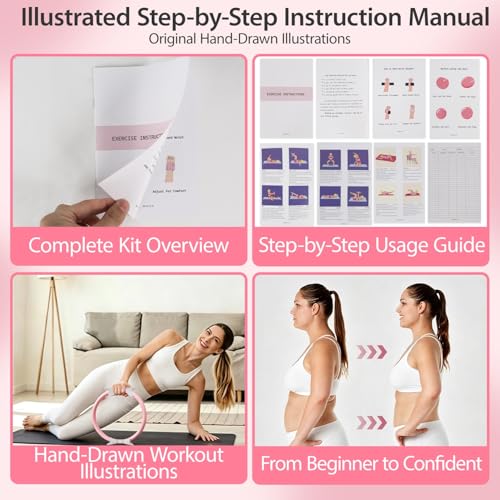 16 PCS Pink Pilates Ring and Ball Set for Women with 15" Magic Circle, Home Pilates Equipment Kit with Adjustable 1LB Ankle Wrist Weight, Resistance Band, Gliding Discs, Pilates Essentials Accessories