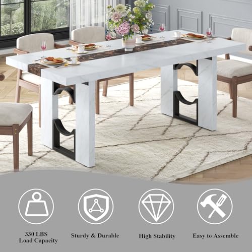 Loomie 71 Inch Dining Table for 6-8 People, Large Rectangular Kitchen Table with Marble-Color Tabletop, 6ft Luxurious Dining Room Table for Living Room, Home Office (White Marble) - Thumbnail 4