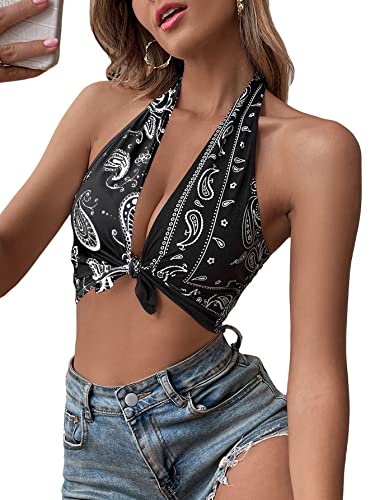 SOLY HUX Halter Tops for Women Paisley Print Bandana Shirt Cowgirl Outfits Country Concert Tops Color Block Crop Top