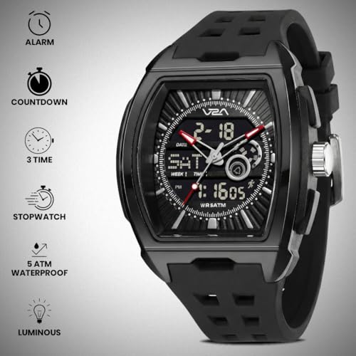 Image of V2A Impact 50mm Analog Digital Watch for Men | Tonneau Sports Case Design | Alarm Stopwatch Countdown Dual Time | TPU Strap | 50M Water Resistant | Gift for Men