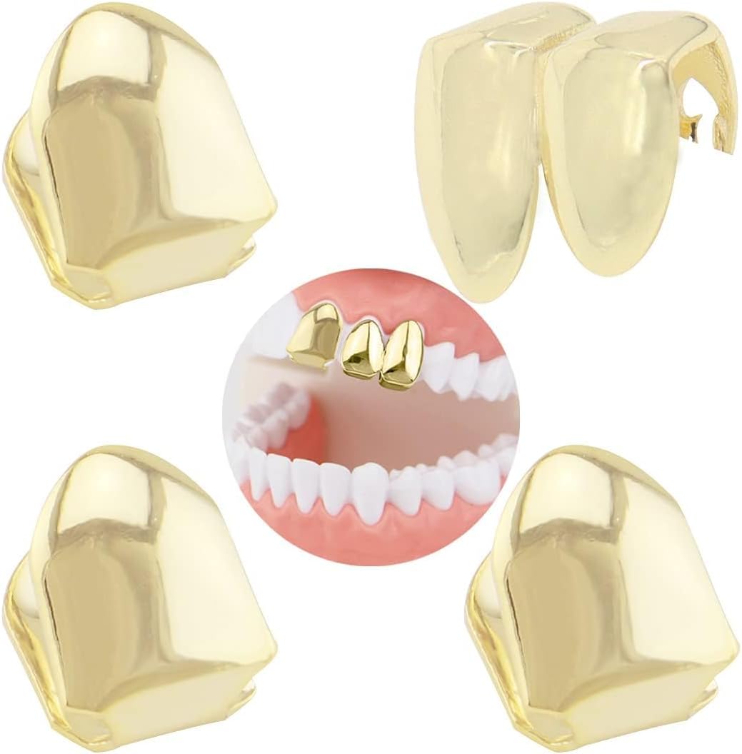 4 Pieces 18K Plated Gold Hip Hop Teeth Grillz Gold Teeth Fake Teeth Hip Hop Single Teeth Grillz Caps Top Grill