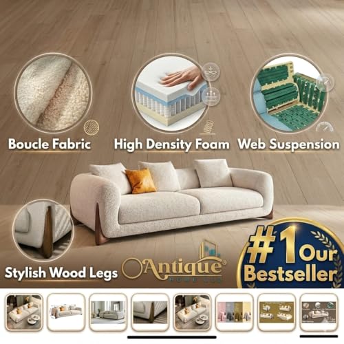 Image of Modern Sofa, Teddy Fabric, Chesterfield Style, Wooden Legs, for Living Room, Bedroom, Hallways (3+1+Ottoman Set)