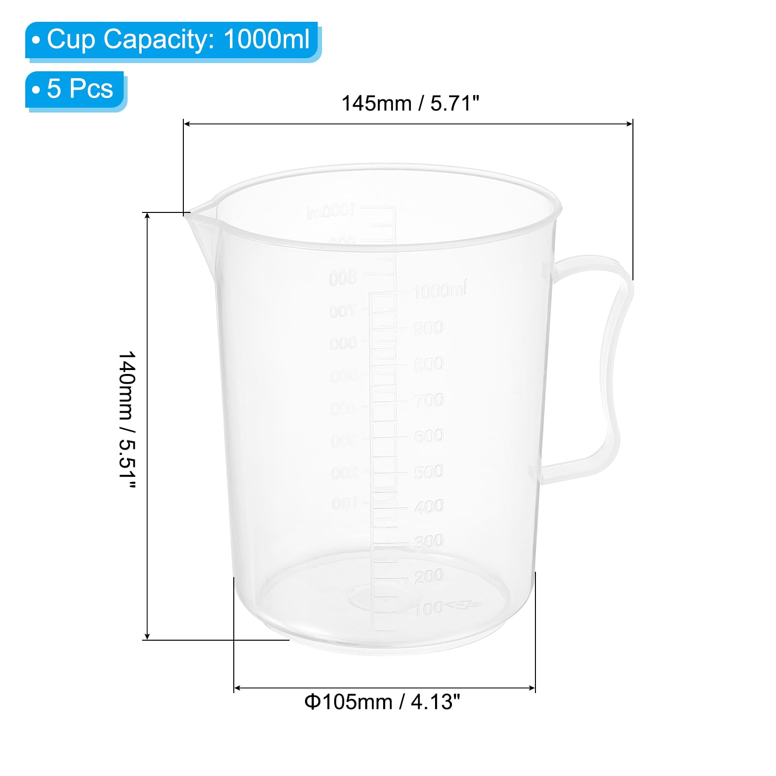 PATIKIL Tazas De Medición De 1000ml, 5 Piezas De Vasos De Policarbonato Graduados Con Asa Y Pico Para Experimentos De Laboratorio, Cocina Y