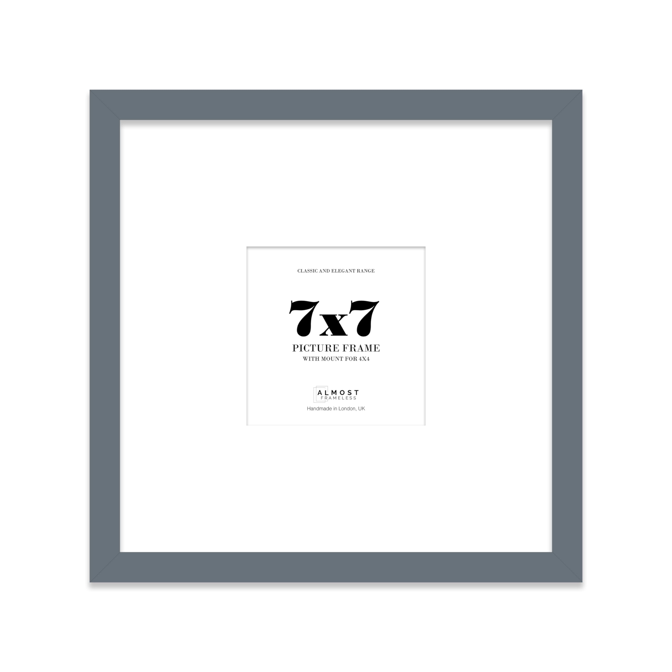 Almost Frameless 7x7 Square Picture Frame, Display Pictures 4x4 With Mat or 7x7 Without Mat, Wall Hanging & Free Standing Photo Frame, Grey, 1 Pack