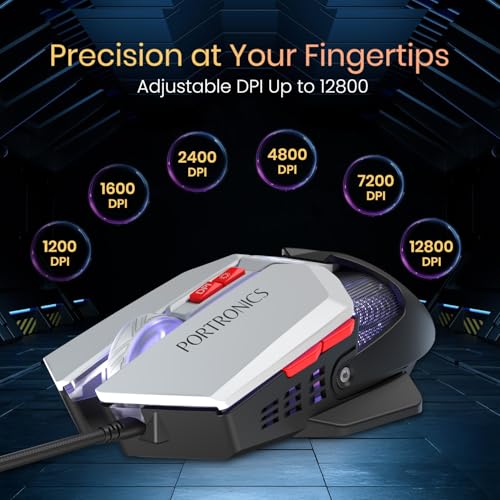 Image of Portronics Vader X USB Wired Programmable Gaming Mouse, Upto 12800 Adjustable DPi, 7 Button Control, Upto 10 Million Click, Ultra-Responsive 7000fps, RGB Lights, 1000Hz Polling Rate (Black)