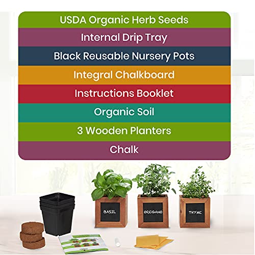 Indoor Herb Garden Kit - Includes 3 Wooden Herb Pots, Internal Drip Trays, Soil Pellets, Chalk, Instructions Booklet And Basil, Oregano & Thyme Non Gmo Herb Seeds. Diy Kitchen Herbs Growing Kit.… #TOP1