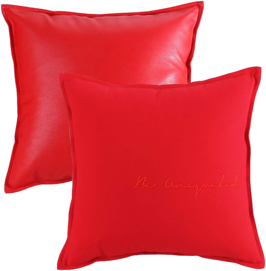 Kimmama Ventilate Faux Leather and 100% Cotton Canvas Pillow Covers Set,2 Pack Decorative Square Accent Pillow Covers 18 x 18,Outdoor Pillow Case for Couch,Sofa, (DarkRed+FireBrick)