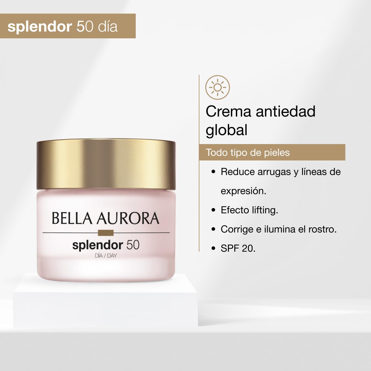 Bella Aurora Crema de Día Antiedad 50+ Años, 50 ml | Crema Facial Anti-Arrugas y Anti-Manchas | Tratamiento Facial Hidratante para Mujer SPF 20 | SPLENDOR 10