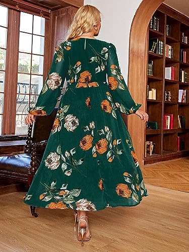 Image of Simplee Women's Plus Size Wedding Guest Dress Flowy Fall Floral Long Sleeve Maxi Dress V Neck Empire Waist Boho Maternity Dress for Photoshoot (4XL Emerald Green)