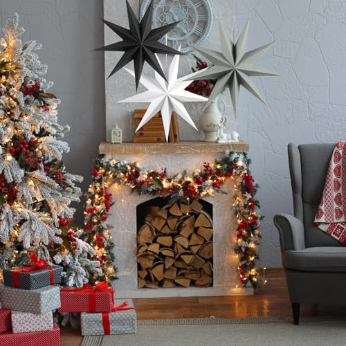 Image of SUNBEAUTY 3 Pcs 9-Pointed Paper Star Lanterns 12 Inch Hanging Lampshade Wedding Birthday Christmas Home New Year Party Decorations