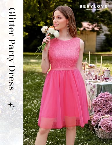 BeryLove Sequin Dress Vintage A Line Wedding Formal Swing Tulle Dress Sleeveless Cocktail Mini Dress4