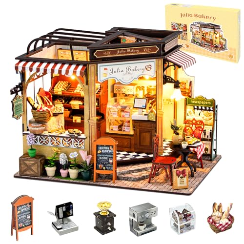 OurMiao Kit de casa en miniatura Julia Bakery, mini kit de construcción de casa de muñecas con luces LED muebles, kit de casa de muñecas en miniatura, manualidades de madera para adultos y