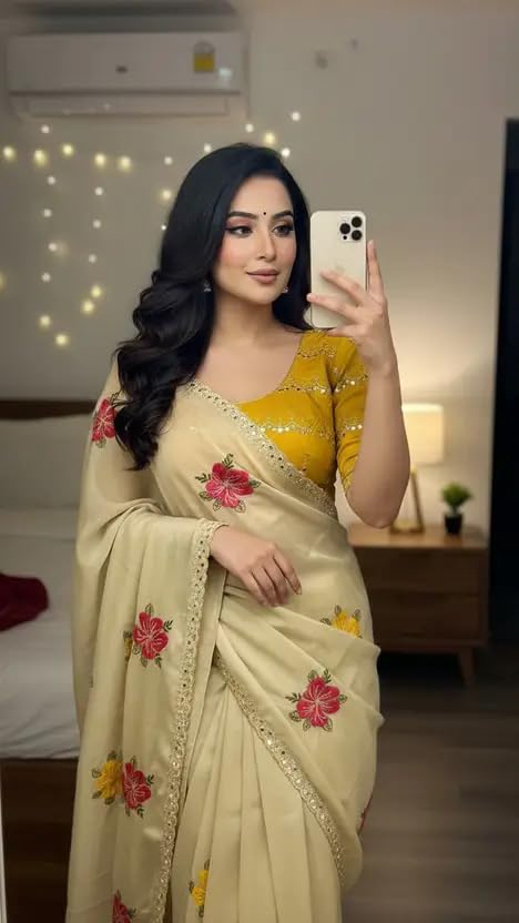 Image of Embroidered Floral Saree, Beige with Pink and Yellow Flowers, Sequin Border, Traditional Indian Wear