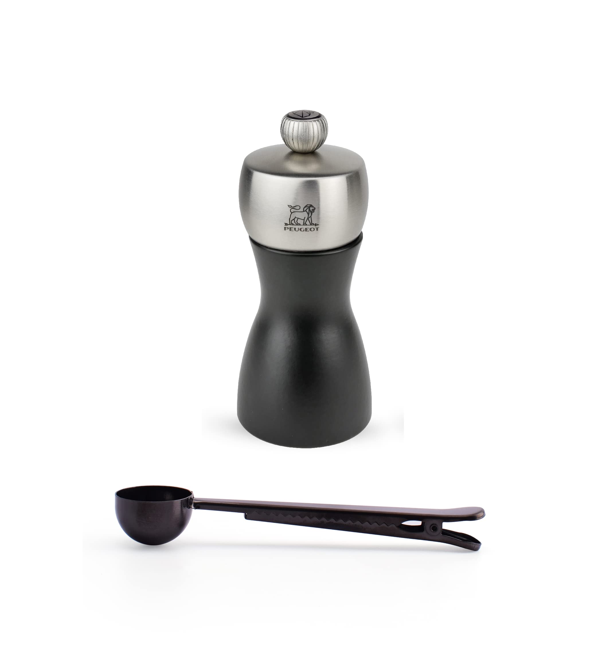 Peugeot Fidji 4.75 Inch Pepper Mill Gift Set, Black Matte - With Stainless Steel Spice Scoop & Clip