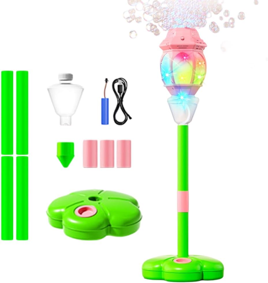 Upgrade Bubble Machine Street lamp, Rechargeable Automatic Standing Bubble Maker with Light Music, 3-Level Adjustable Heights for Outdoor Garden, Patio, Wedding, Party and Event Decor (Pink)