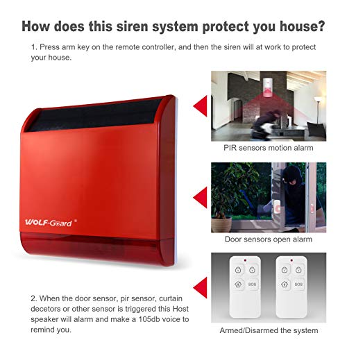 Wolf Guard LB-12T1 Siren Alarm Outdoor with 2 Motion Sensors, 3 Door Sensors, 2 remote controller(110dB), Red - Image 2