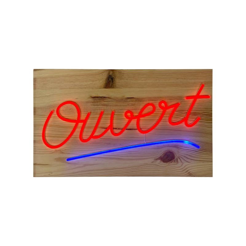 Insegna luminosa a LED per interni "Aperto" rosso in legno con batteria da 9800 mAh - Fabbricazione francese