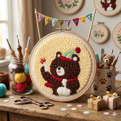 Image of Punch Needle Kit, Cute Cartoon Bear Embroidery, Embroidery Starter Kit for Beginners, Mother's Day, Children's Day, Birthday Gifts & Decorations, 7.87x7.87inch