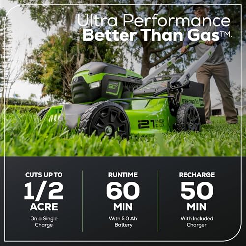 Image of Greenworks 60V 21 inch Brushless (Push) Cordless Lawn Mower, 5.0Ah Battery + Bonus 4.0Ah Battery (1 /2 Acre, Rapid Charger, 4-in-1, LED Lights, IPX4)