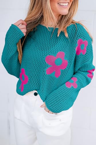 Casual Knit Top with Floral Pattern and Open Knit - Sea Green2