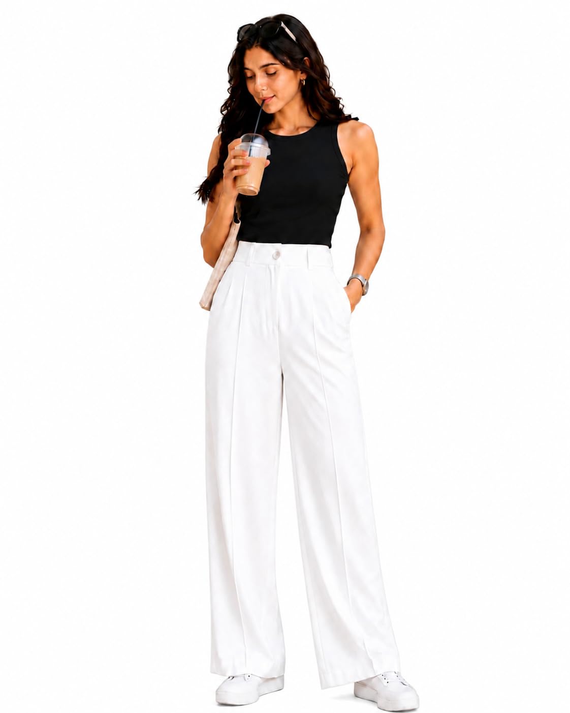Women's Premium Wide Leg High Waist Poly Lycra Blend Palazzo Pants with Stylish Detailing & Pockets, Relaxed Fit Trousers for Casual-image-0