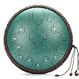 NYTFHMS High Carbon Steel Tongue Drum, C Key 14 Inch 15 s Ethereal Drum W/Hammer, Drumstick Bracket, Finger Sleeve, Travel Bag for Camping Meditation Yoga,Green