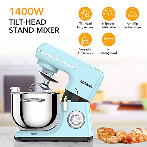 Acekool Küchenmaschine Knetmaschine, 1400W 6L Teigknetmaschine 6 Geschwindigkeit mit Edelstahlschüssel Teigmaschin… – Bild 3