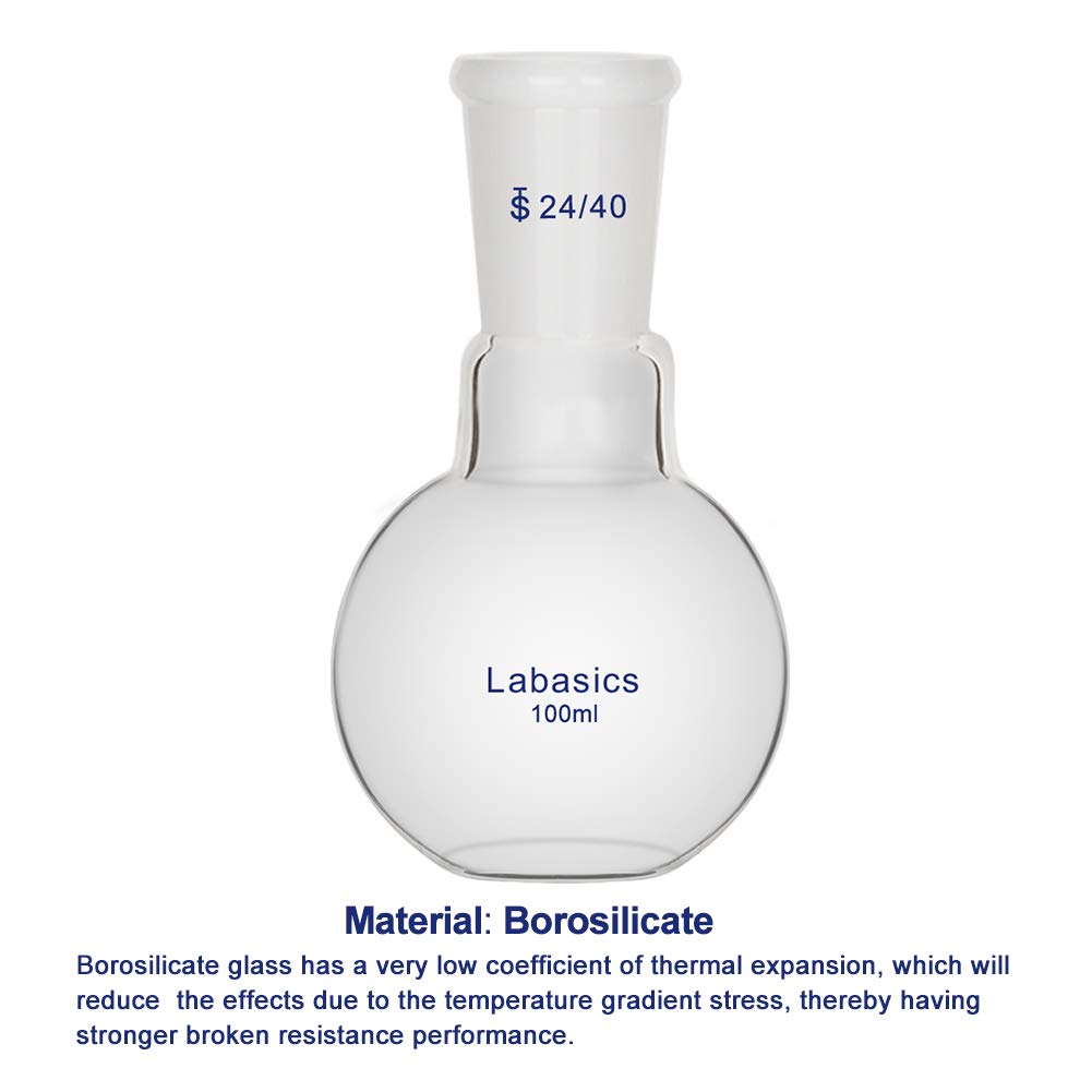 Labasics 100ml Vetro Pallone Laboratorio a Fondo Piatto a Collo Singolo, Single Neck Flat Bottom Boiling Flask Matraccio da laboratorio con Giunto Esterno Conico Standard 24/40-100ml