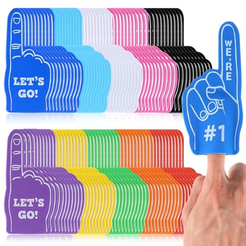HekouJiub 100 Pcs Mini Foam Fingers Bulk Football Party Favors Were #1 and Lets GO Sports Fan Foam Finger Sports Themed Party Supplies for Baseball Basketball Soccer Sporting Events (10 Colors)