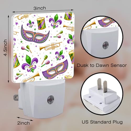 Image of Mardi Gras Carnival Night Light, Fleur De Lis Mask and Musical Instruments Dusk to Dawn Night Light Plug in,0.5w Energy Saving Sleep Friendly NightLight for Kids Boys Girls Home Decor