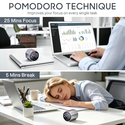 ADHD Pomodoro Timer Metal Gravity Rotation 1.8” LED Large Screen, Grey - Image 3