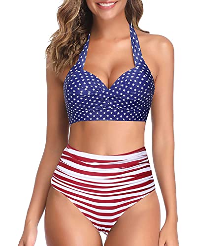 Image of Tempt Me Women Two Piece Swimsuit High Waisted Bikini Halter Vintage Retro Bathing Suit Push up Swimwear