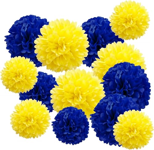 Pompons Papier de Soie,12 Pièces Papier Fleur Pompon Bleu Jaune,Boule de Fleur en Papier pour fête et Mariage