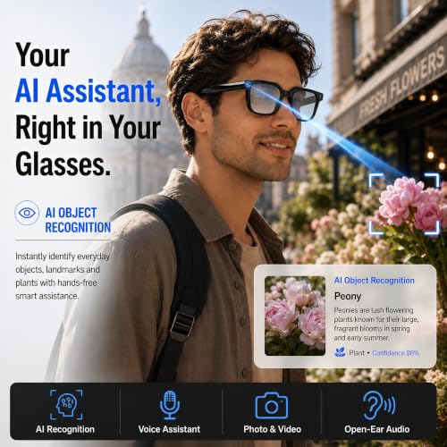 Image of 8MP Camera Smart Glasses, 1080P Anti-Shake Video Recording, for Men Women | Real Time Translation, AI Voice Assistant, Object Recognition, Noise Cancellation, Bluetooth5.4 Music&Call, 290mAh Battery