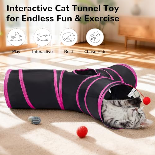 Image of Tempcore Cat Tunnel, 3-Way Collapsible Toy, Large Size Black & Rose Red | Large Size 3-Way Cat Tunnel Provides More Room for Cats to Run, Hide and Chase, with Peek Holes, Hanging Ball and Teaser Wand