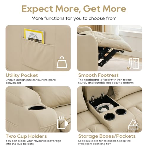 Image of IPKIG 65.3 inch RV Loveseat Recliner Sofa with Storage Console, Leathaire Fabric Wall Hugger Reclining Chair with Cup Holders and Side Pockets, Home Theater Seating Manual Recliner for Living Room (Beige)