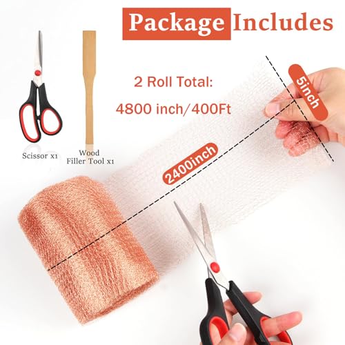 Image of Copper Mesh Rodent Control, 5 in x 400 ft(2 Rolls of 200ft) Proof Wire Screen Roll for Mice Rat Rodent, Bat & Snail, DIY Blocker Weep Hole Filler & Wool Mouse Trap