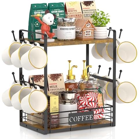 EsLuker.ly 2 Tier Coffee Bar Organizer Countertop Station Rack for Kitchen, Multi-Functional Coffee Mug Holder Display Stand, Accessory Storage Shelf with 12 Hooks, Space-Saving Coffee Nook Enhancer Cover