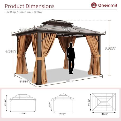 oneinmil 10\'x12\' Hardtop Gazebo with Netting and Curtains, Outdoor Gazebo with Aluminum Frame, Heavy Duty Double Roof Canopy Party Tent for Patio, Backyard, Lawn, Brown